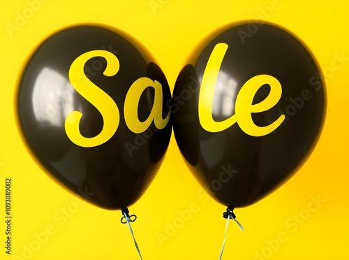 Black balloons with yellow 'Sale' lettering against a vibrant yellow backdrop.