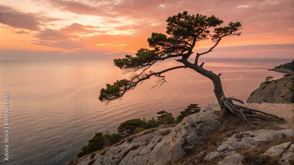 Juniper tree stands alone on a rocky promontory overlooking the vast expanse of the Black Sea at sunset, , coastline Juniper tree stands alone on a rocky promontory overlooking the vast expanse of the Black Sea at sunset, , coastline