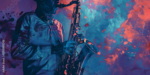 A musician passionately playing a saxophone amidst vibrant, colorful splashes of paint. photo