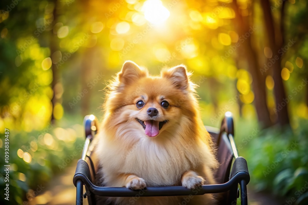 Fototapeta Fluffy Pomeranian Dog in a Stroller with Funny Tilted Muzzle Surrounded by Nature, Captured with Bokeh Effect for a Whimsical and Heartwarming Scene