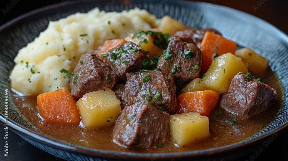Beef stew with carrots, potatoes, and creamy mashed potatoes in a dark bowl. Beef stew with carrots, potatoes, and creamy mashed potatoes in a dark bowl.