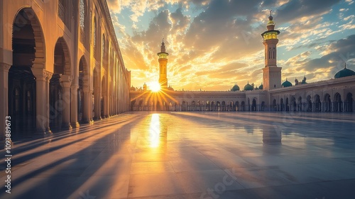 Golden hour at the Kaaba, warm sunlight creating a beautiful glow on the mosque, soft hues and long shadows, peaceful setting 