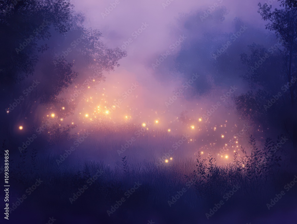 Naklejka premium Magical Firefly Forest at Dusk