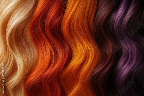 Vibrant wavy hair strands in various colors including blonde, red, orange, and purple, showcasing rich textures and hues. Hair fashion and beauty concept.