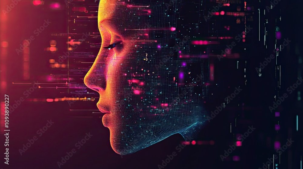 Digital Portrait of a Woman's Face in a Network of Lines and Lights Digital Portrait of a Woman's Face in a Network of Lines and Lights