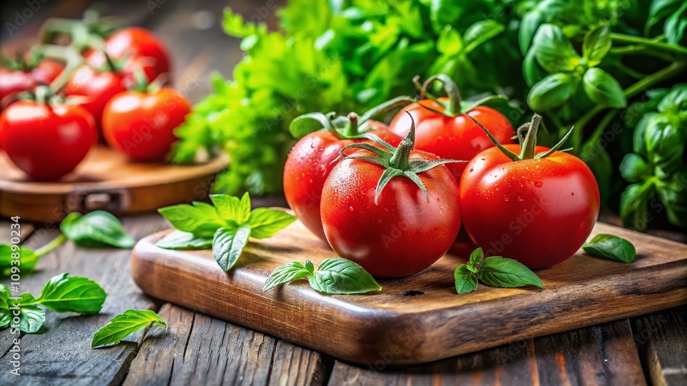 Fresh and Juicy Tomatoes on a Wooden Cutting Board with Vibrant Green Herbs, Capturing the Essence of Healthy Eating and Culinary Inspiration in a High Depth of Field Setting Fresh and Juicy Tomatoes on a Wooden Cutting Board with Vibrant Green Herbs, Capturing the Essence of Healthy Eating and Culinary Inspiration in a High Depth of Field Setting