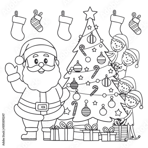 Christmas Tree with Santa Claus Gifts Fun children Coloring Page  book for Kids Christmas Activity Book , Happy Merry Christmas festive Coloring book