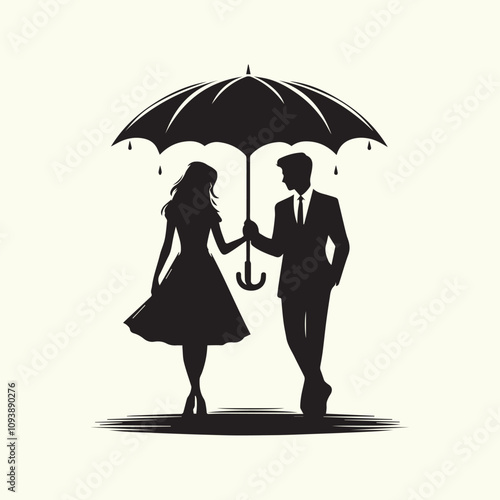 silhouette vector, The couple is depicted holding an umbrella on their head in a romantic moment silhouette vector black  and white