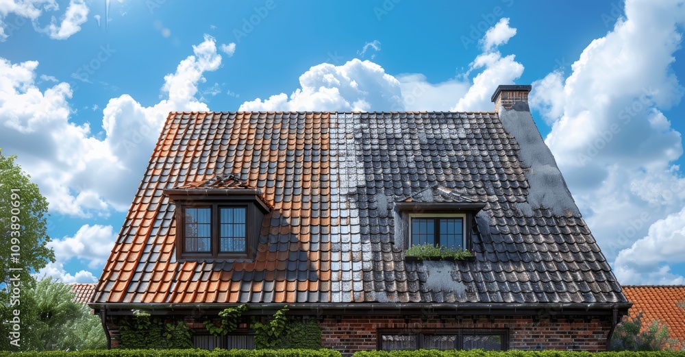 Before and After Roof Cleaning of an Old Red Brick House with Black Tiles and Blue Sky