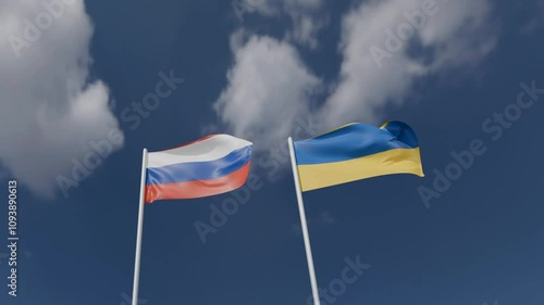 Russia ukraine flag waving blue sky cloudy wite background wallpaper copy space top view kiev war conflict military politic russian symbol ukrainian government map national army europe attack fight 