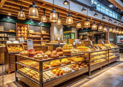 Freshly Baked Bread in a Pastry Department of a Grocery Hypermart Showcasing Selective Focus on Artisan Loaves and Pastries in a Bright, Inviting Atmosphere photo