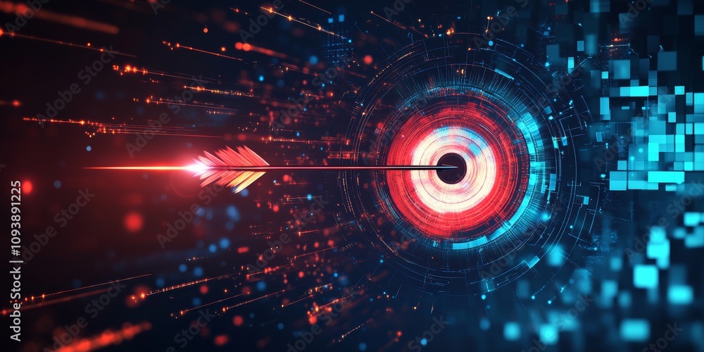 Obraz premium Dynamic abstract target visualization with a central arrow surrounded by vibrant digital patterns and colors