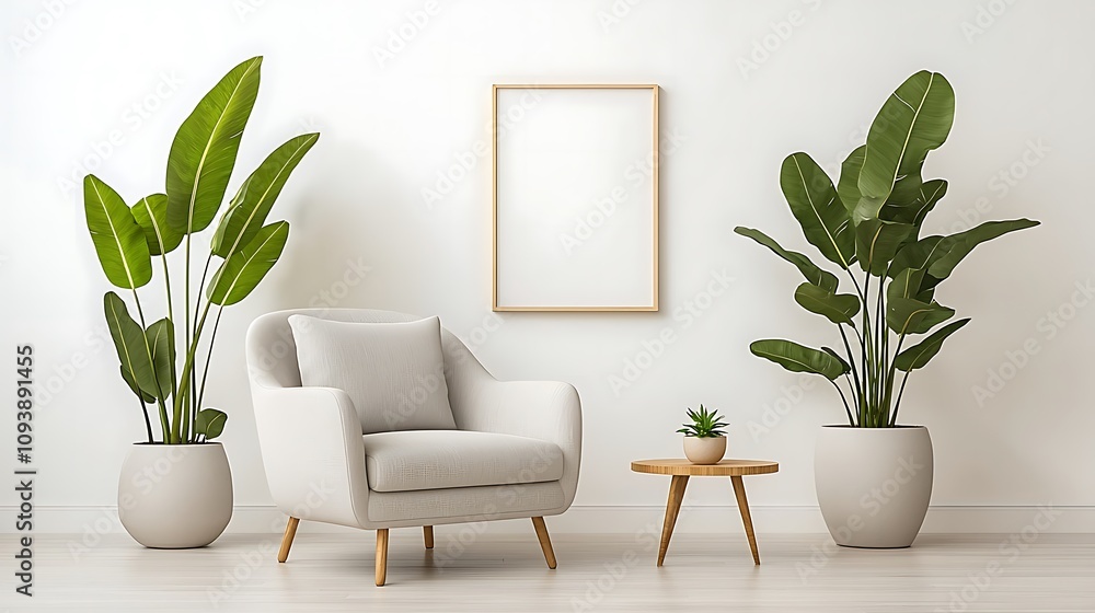 Modern living room setup with indoor plants minimalist design cozy atmosphere bright setting Modern living room setup with indoor plants minimalist design cozy atmosphere bright setting