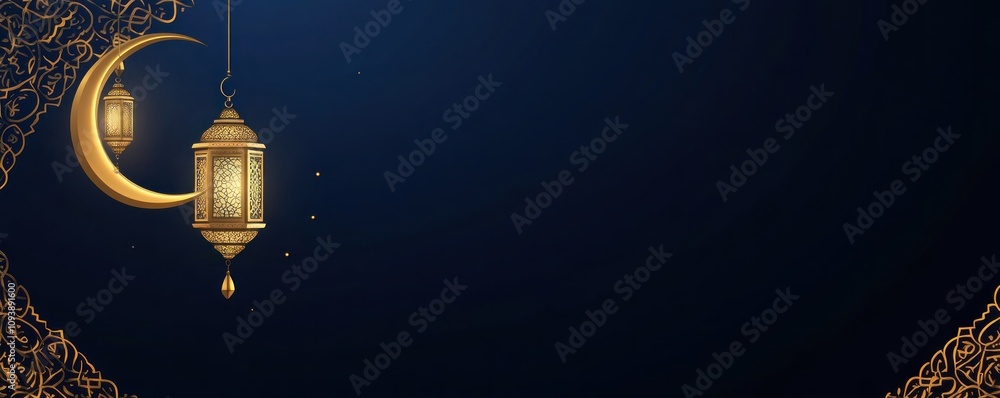 Golden Ramadan Lanterns Hanging on a Crescent Moon Golden Ramadan Lanterns Hanging on a Crescent Moon