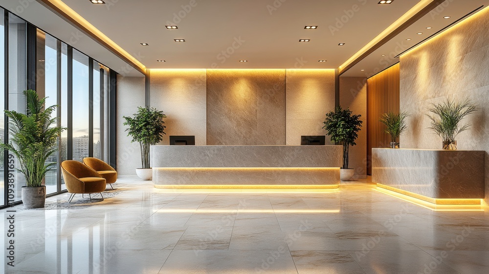 Fototapeta premium Modern and Elegant Reception Area with Natural Lighting and Stylish Furniture Featuring Contemporary Design Elements and Indoor Plants in High-Rise Building