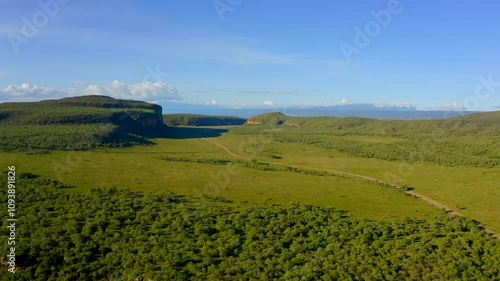 Drone footage from Africa. An aerial view showcases the lush greenery and diverse landscapes of Hells Gate National Park, featuring unique formations and breathtaking vistas that captivate observers.