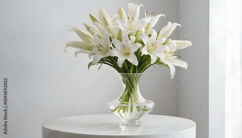 Elegant bouquet of white lilies in clear vase on stylish table