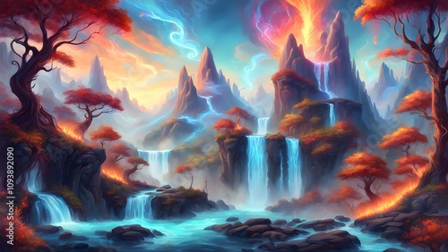 Fantasy landscape with waterfalls, vibrant autumn trees, and magical glowing energy.