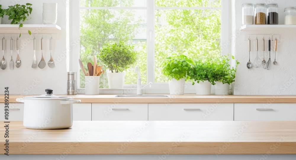 Modern minimalist kitchen with wooden countertop and white cabinets featuring stainless steel utensils and a potted plant Modern minimalist kitchen with wooden countertop and white cabinets featuring stainless steel utensils and a potted plant