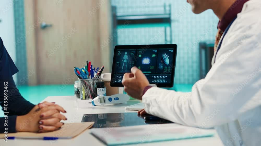 Physician meeting with patient to discuss medical test results in ...