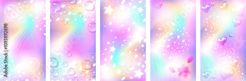 rainbow surreal stories background set. Holographic anime style design. Design with mesh. Stock vector illustration in abstract style.