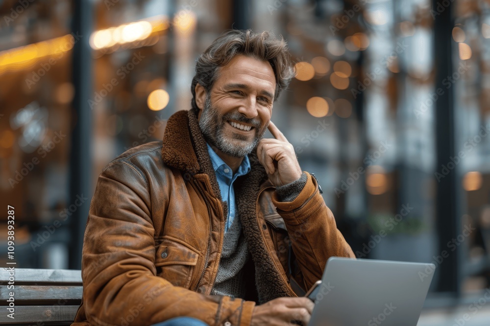 Smiling businessman talking on smartphone and working on laptop while sitting on bench in front of modern office building on sunny day Smiling businessman talking on smartphone and working on laptop while sitting on bench in front of modern office building on sunny day