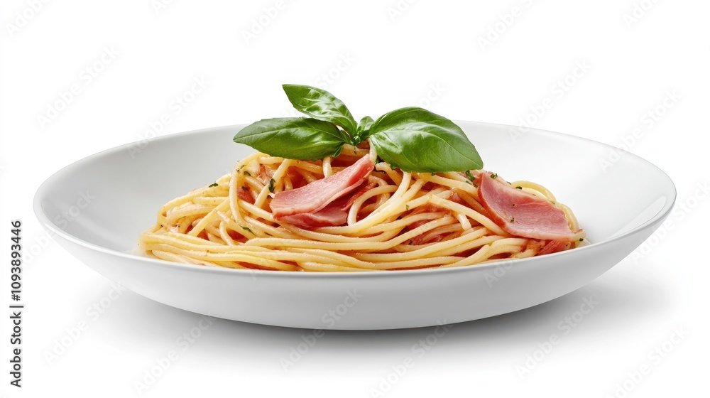 Beautifully Plated Spaghetti with Ham and Fresh Basil Beautifully Plated Spaghetti with Ham and Fresh Basil