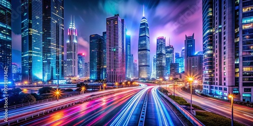 Futuristic Cityscape at Night with Long Exposure Effects Showcasing Glowing Neon Lights, Skyscrapers, and Vibrant Urban Atmosphere in a Dystopian Yet Beautiful Setting