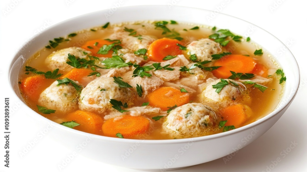 Hearty Matzah Ball Soup with Carrots in a Bowl Hearty Matzah Ball Soup with Carrots in a Bowl