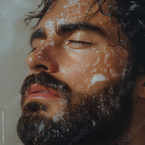 man doing skincare to take care of his face, latin man, bearded man, face and nose cleaning highlighted by white, png photo