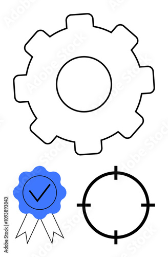 Gear symbolizing mechanisms, certificate with a check mark illustrating certification, and a target icon depicting focus. Ideal for productivity, quality assurance, goal setting, achievement