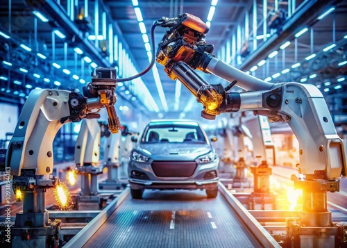 Futuristic Factory Scene with a Robot Assembling a Car Amidst a Dreamy Bokeh Background, Showcasing Advanced Technology and Automation in a Modern Manufacturing Environment