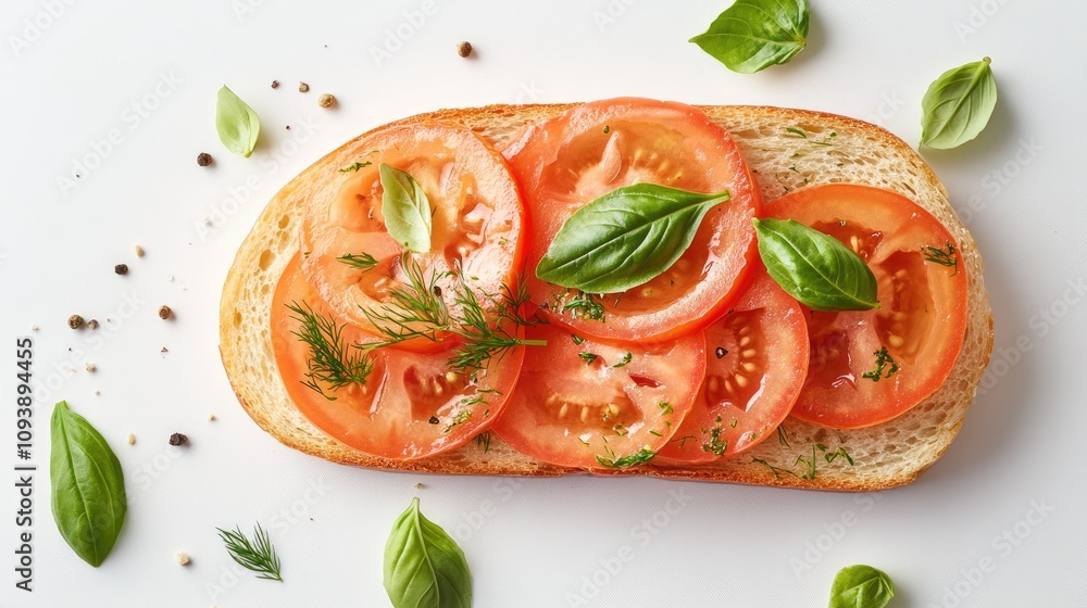 Fresh Open-Faced Sandwich with Tomato and Basil Toppings Fresh Open-Faced Sandwich with Tomato and Basil Toppings