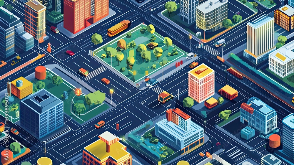 Isometric View of a Cityscape with Buildings, Roads, and Vehicles Isometric View of a Cityscape with Buildings, Roads, and Vehicles