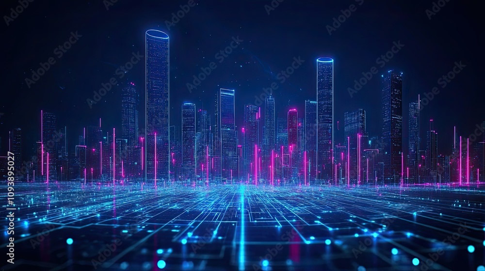 Neon Cityscape with a Futuristic Digital Network Ground Neon Cityscape with a Futuristic Digital Network Ground