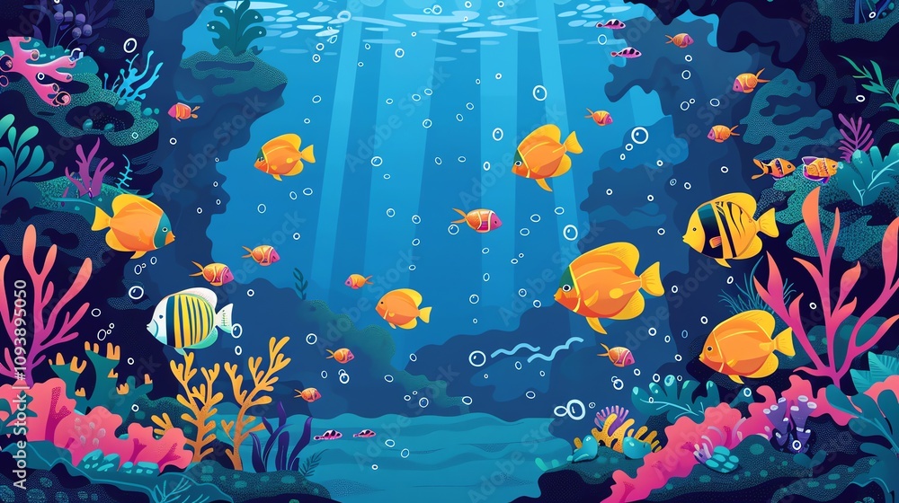 A cartoon underwater scene with colorful fish and coral. A cartoon underwater scene with colorful fish and coral.