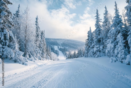 Winter Landscape Snow Covered Road Pine Trees Ski Trail Tranquil Scene Cold Day Nature Bliss