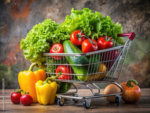 Full shopping cart bursting with fresh, delicious vegetables.