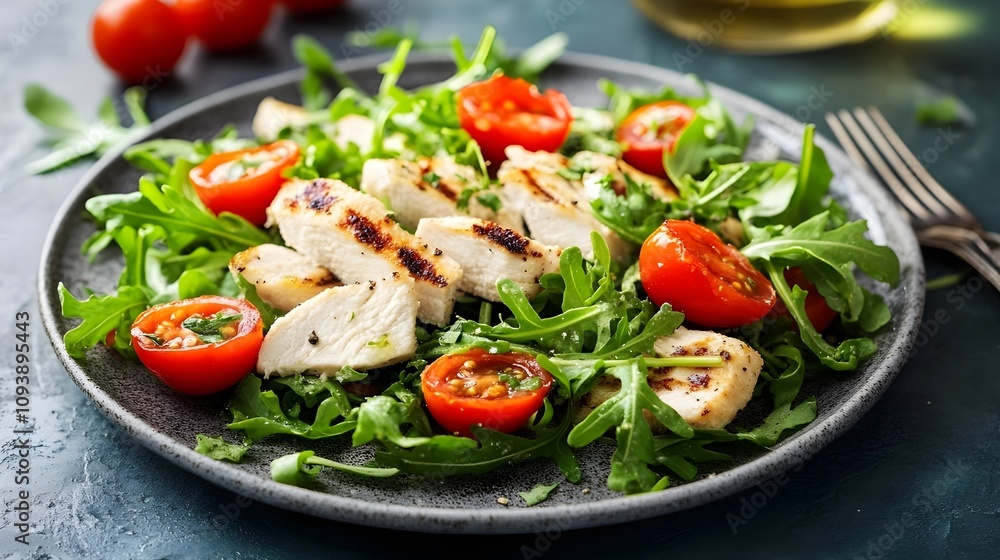 Fresh arugula salad with grilled chicken cubes. Fresh arugula salad with grilled chicken cubes.