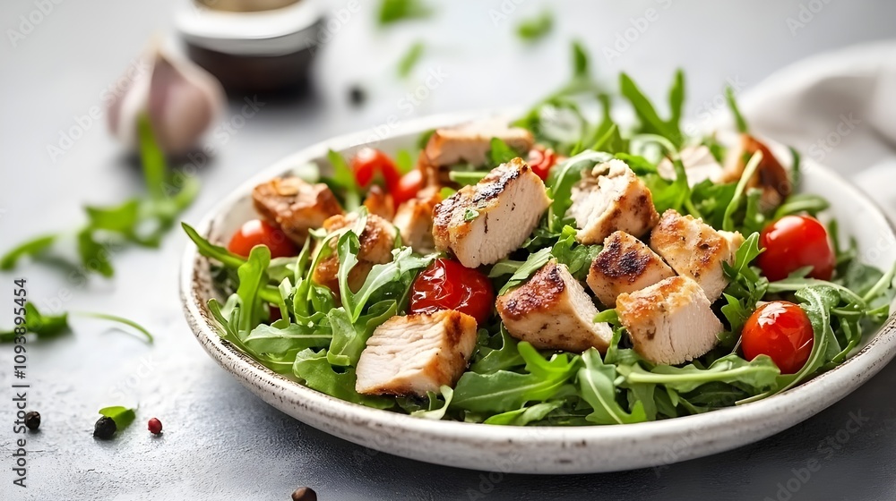 Fresh arugula salad with grilled chicken cubes. Fresh arugula salad with grilled chicken cubes.