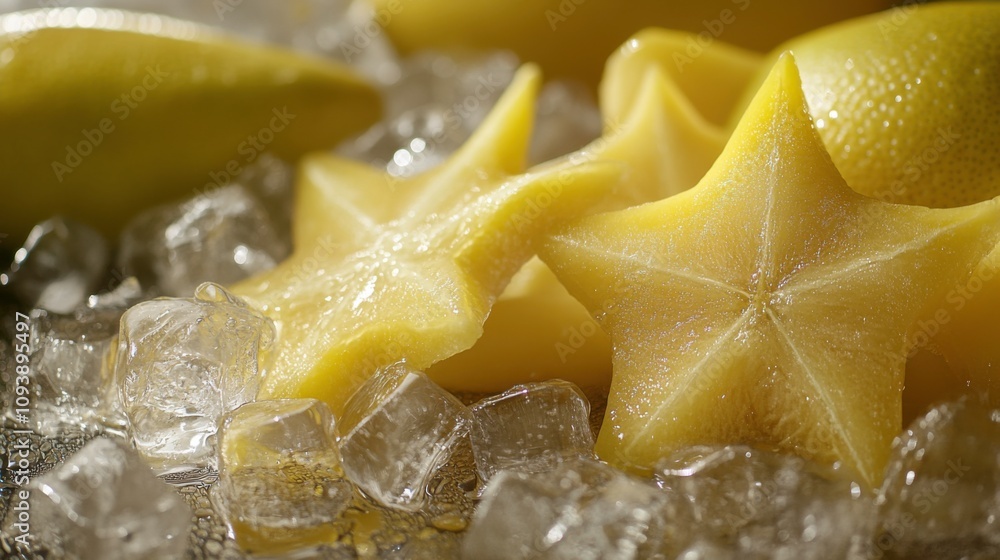 Fresh Star Fruit on Ice Cubes in Studio Light Fresh Star Fruit on Ice Cubes in Studio Light