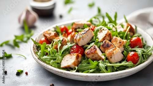 Fresh arugula salad with grilled chicken cubes.
