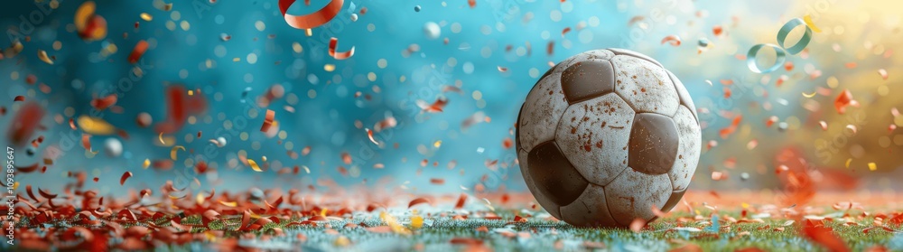 Soccer Ball Celebration with Confetti and Ribbons on Blue Background for Football Match or World Cup Soccer Ball Celebration with Confetti and Ribbons on Blue Background for Football Match or World Cup