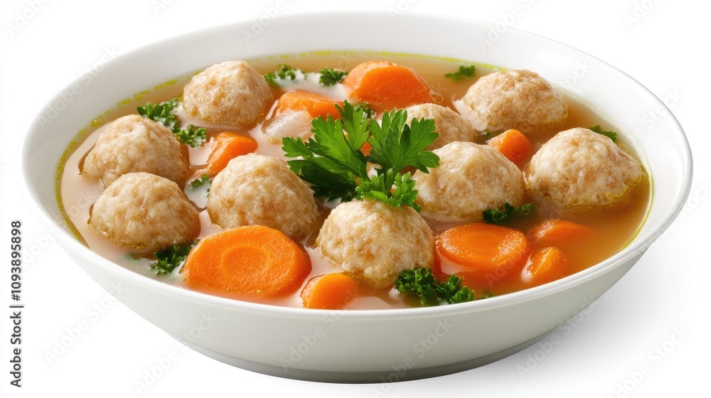 Comforting Matzah Ball Soup in a White Bowl Comforting Matzah Ball Soup in a White Bowl