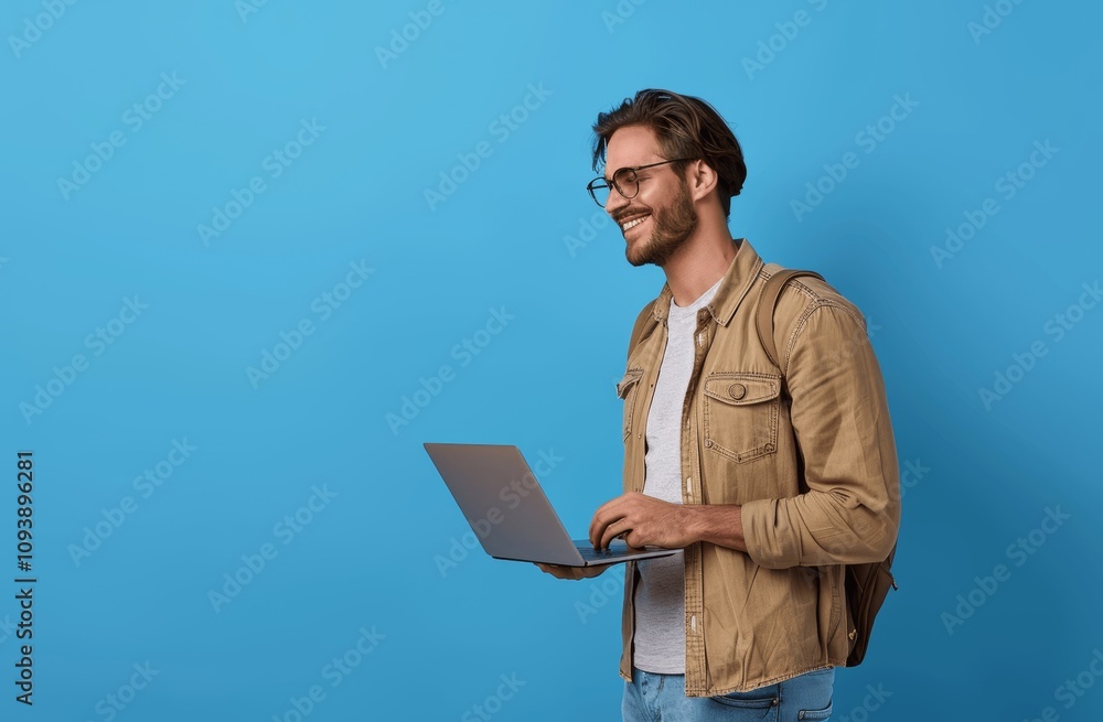 Smiling young man with laptop working online on blue background Smiling young man with laptop working online on blue background