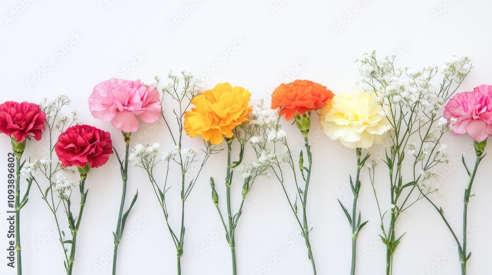 Obraz premium Colorful Arrangement of Fresh Carnations on White Background