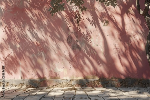 Tree shadows on terracotta wall with stone floor, empty background, nature inspired mock-up stage photo