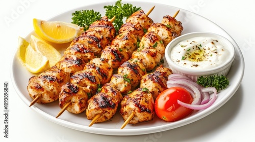 Grilled Chicken Skewers on a White Plate