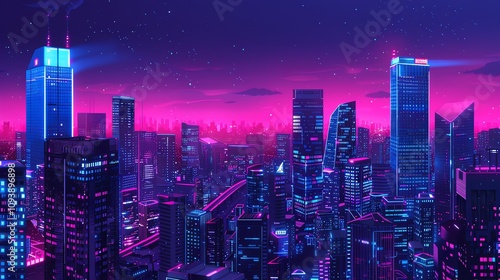 A vibrant, synthwave-style cityscape at night with a pink and blue sky.