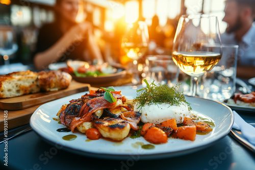 Dinner Setting with Exquisite Food and Wine